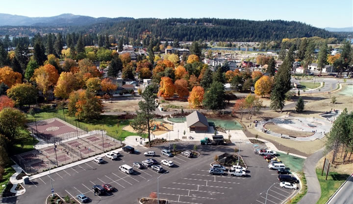 aerial view of courts, parking, pavilion, and skate park at Four Corners